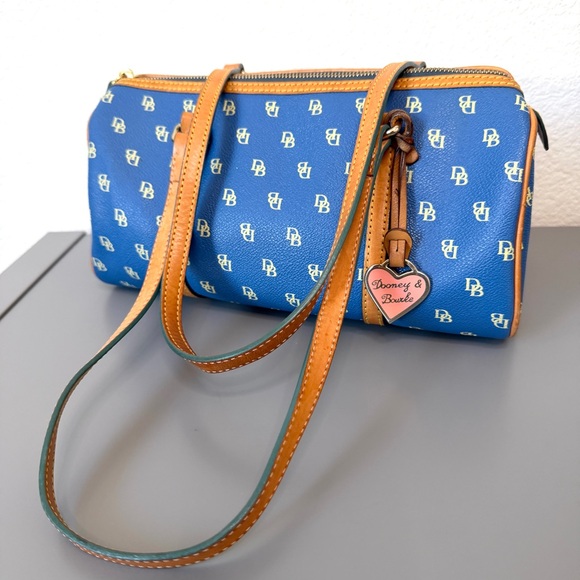 Dooney and Bourke Blue Signature Coated Canvas Barrel Bag and Tan Leather Straps - Picture 5 of 11